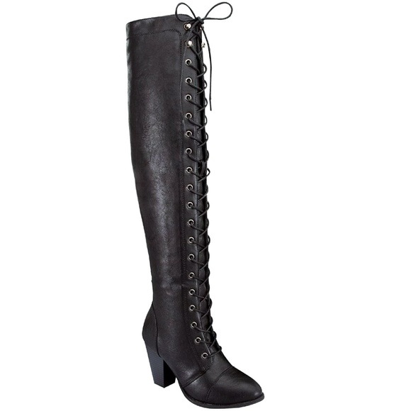 New Black Over Knee Combat Lace Up Heel Boots - Picture 5 of 5